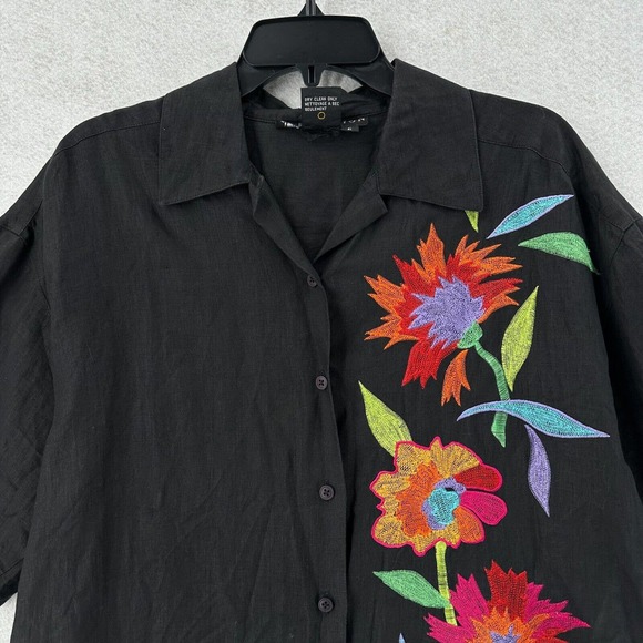 IB Diffusion 100% Linen Shirt Womens 6 Black Embroidered Floral Short Sleeve Top - Picture 3 of 9